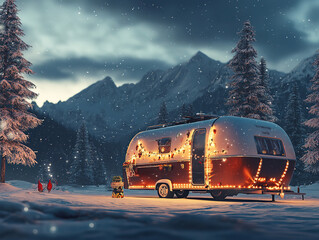 Vintage Caravan in a Snowy Winter Landscape