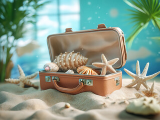 Vintage Suitcase with Seashells on the Beach
