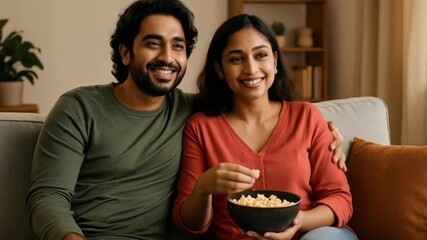 A couple enjoys popcorn on a cozy sofa, smiling at a video. The camera angle is eye-level, capturing a warm, relaxed living room setting. - Powered by Adobe