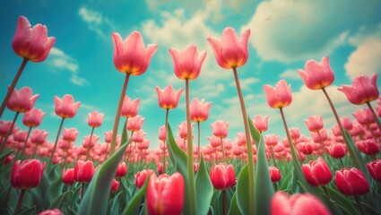 Lively red and pink tulips viewed from below at a wide angle with a delicate filter applied