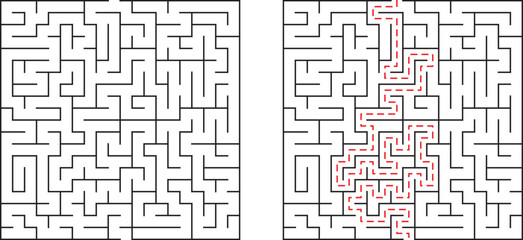 Complex maze solution with red path showing the correct way through the challenging puzzle