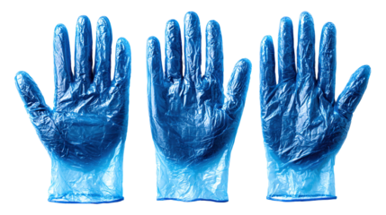 Protective Blue Gloves: Three pairs of sterile, transparent blue gloves are displayed, showcasing their use in various settings. They protect against contamination and disease.