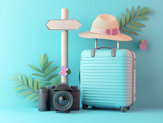 Travel Essentials: Suitcase, Camera and Hat on Turquoise Background