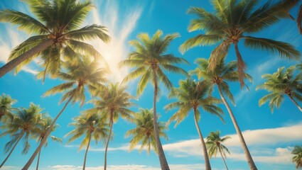 Palm Trees Dancing in the Wind: A Tranquil View with a Beautiful Blue Sky