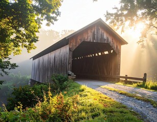Sunlit wooden covered bridge in lush forest setting