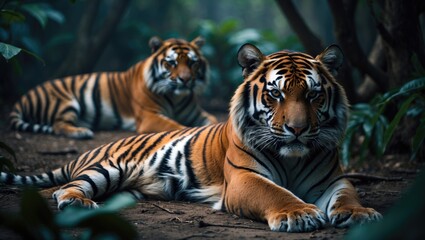 Fototapeta premium tiger sprawled on the earth with a dramatic atmosphere