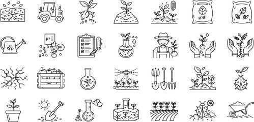 Adobe Illustrator Gardening Line Editable Icons set. Vector illustration in modern thin line style of horticultural icons: soil quality, care and stages of plant cultivation, and more.