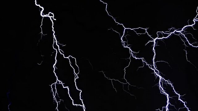 Lightning bolt strikes on pure black background isolated chroma key for overlay and VFX