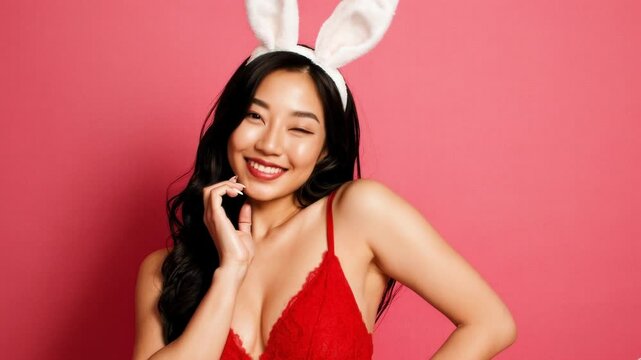 A smiling Asian woman wearing red lace lingerie and white bunny ears on pink background. High quality 4k footage