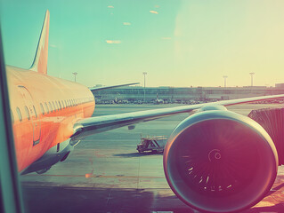 Airplane Wing and Engine at Airport in Sunset Light