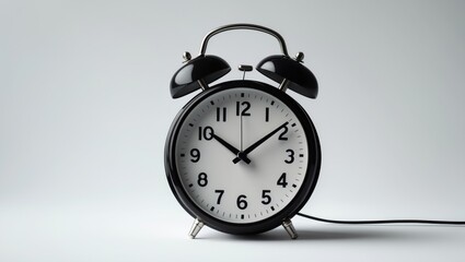 Old-fashioned alarm clock revealing hours and minutes with a white backdrop