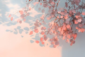 Delicate pink eucalyptus leaves with shadow effect on a smooth softly colored background