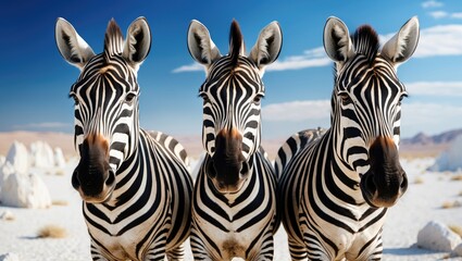 Fototapeta premium In the midst of a white rocky desert, three zebras turn their heads towards us and look into the camera.