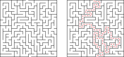 Challenging maze puzzle illustration with solution route demonstrated in red lines