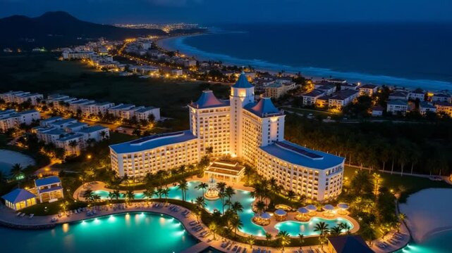 Aerial view of popular tourist coastal night city. A luxurious tourist hotel with a lighted pool. The sparkling city lights below create a mesmerizing picture. Punta Cana, Dominican Republic