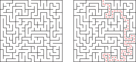 Simple black and white labyrinth puzzle with solution path clearly marked in red color