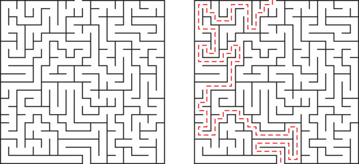 Vector illustration of a maze unsolved and solved with the route highlighted in red