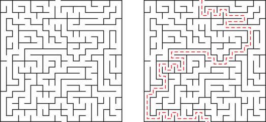 A complex maze with a solved path marking the correct route through its walls