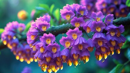 Golden dewdrop flowers in bloom hanging from a branch