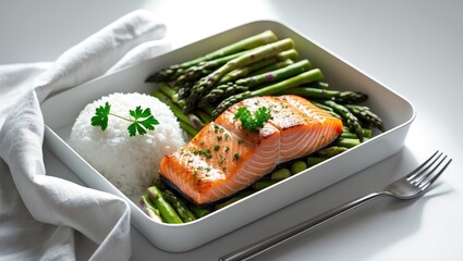 Lunch Box Featuring Rice, Asparagus, and Salmon Steak