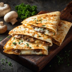 Delicious golden brown mushroom and cheese quesadillas with fresh herbs on a dark wooden serving board surrounded by mushrooms and parsley for a savory snack