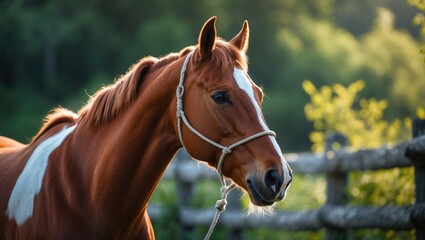 Obraz premium Calmly standing, a chestnut horse with a white blaze wears a rope halter. Sunlight enhances its deep coat while it looks into the distance, bordered by a rustic wooden fence and lush foliage.