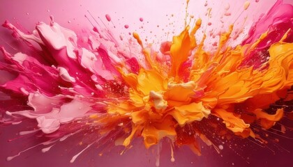 Obraz premium Vibrant splashes of orange, pink, and yellow paint explode outward, creating dynamic energy on a soft pink background.