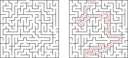 Maze illustration showing the path through a complex labyrinth of the black and white grid