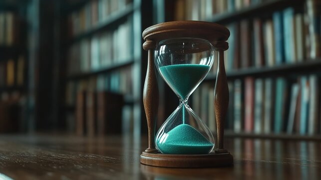 Hourglass with Blue Sand on a Wooden Table in a Library