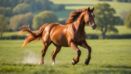 Obraz premium A chestnut horse gallops without restraint.