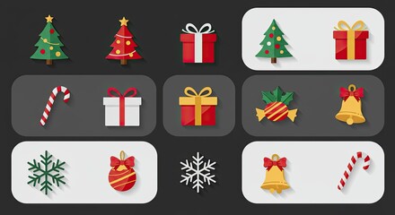 Flat design Christmas icons on a dark background, holiday season illustration