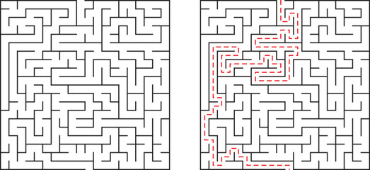 Complex maze with red path highlighting the successful solution to navigate through the difficulties