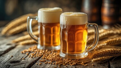 Traditional rustic wood table with beer glasses and wheat spice