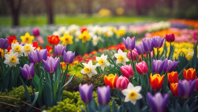 Spring outdoor scene of a multicolored flower field in bloom, featuring vivid tulips and daffodils against green grass