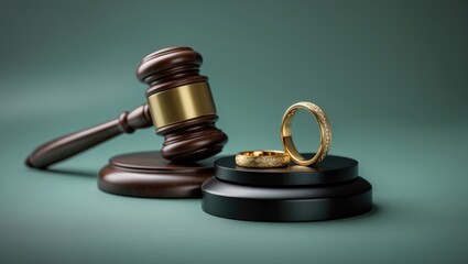 Gavel of the judge with two gold marriage rings, Decree of divorce contract.