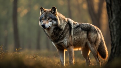 Portrait of a timber wolf in natural habitat