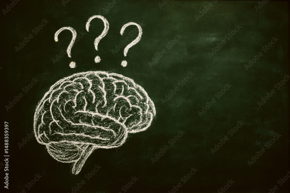 Poster chalk drawing of a human brain with question marks above on dark green chalkboard background represe