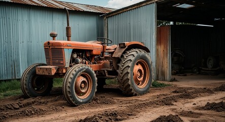 Obraz premium Old tractor tire lying in dirt near a corrugated metal shed