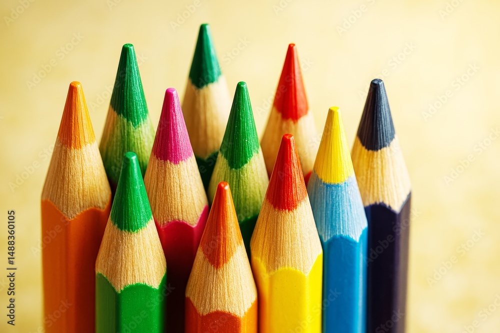 Poster close-up of sharpened multicolored pencils standing upright on a bright yellow background with soft 