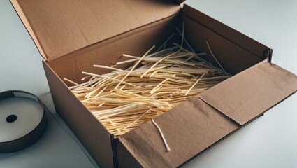 Decorative straw inside a box, close-up, Open cardboard container with decorative fillers. Flat lay; top perspective; vacant area for products
