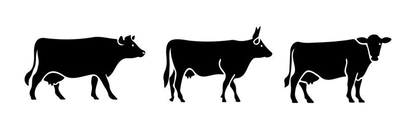 Cow Silhouette Vector In style of Minimal Black Silhouette Illustration For Farm Animal Design, T-Shirt Print, and Logo Use Including Side View Trio Composition
