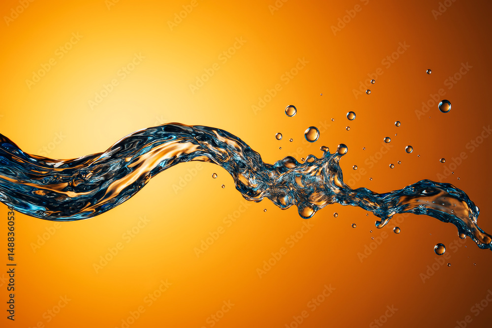Poster dynamic splash of swirling water with droplets captured mid-air against a glowing orange background 