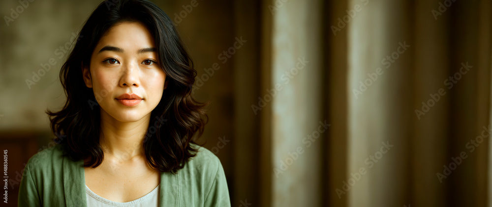 Aufkleber calm thoughtful woman standing indoors with warm light and soft background, natural expression and c