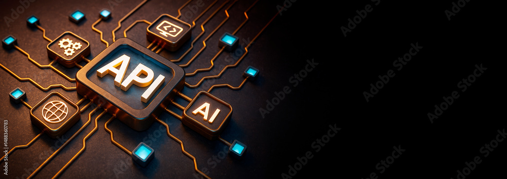 Aufkleber API and AI integration concept with glowing circuit connections and technology icons on dark background representing software infrastructure and network.
