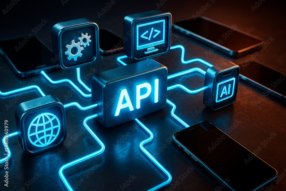 Poster Glowing API and AI icons connected by neon blue light lines on dark background representing modern online technology structure and web network concept.