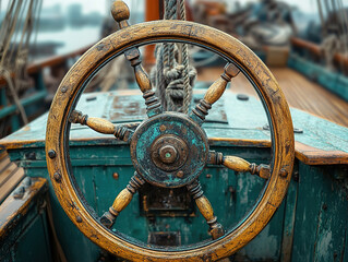 Old Sailing Vessel Helm with Nautical-Themed Elements