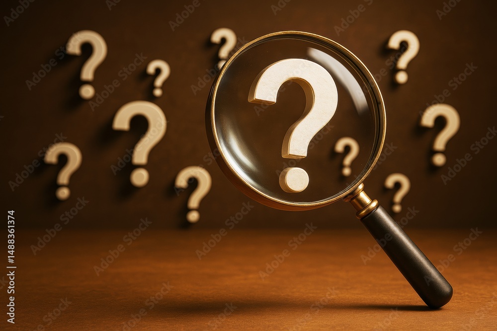 Poster magnifying glass focusing on question mark among many others on brown background, symbolizing curios