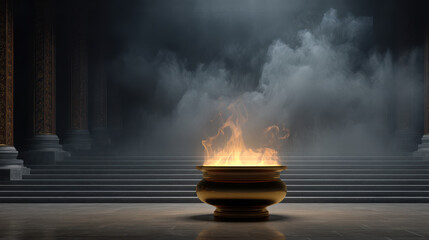 An ornate golden brazier burns brightly with an ethereal flame amidst a solemn hall adorned with grand columns and shrouded in mist creating an atmosphere of mystery.