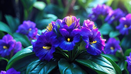 Vivid purple and blue floral arrangement from a bird's-eye view, decorative wallpaper background with a blossoming houseplant