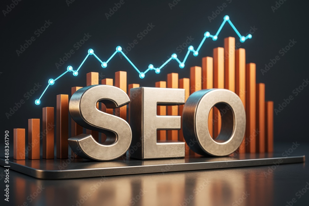 Poster SEO concept with metallic letters and bar chart showing growth on dark background with glowing light graph line and business technology symbol.